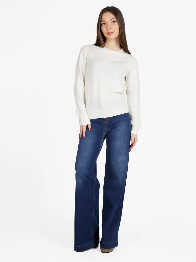 Maglione girocollo da donna in misto lana e cashemere - panna