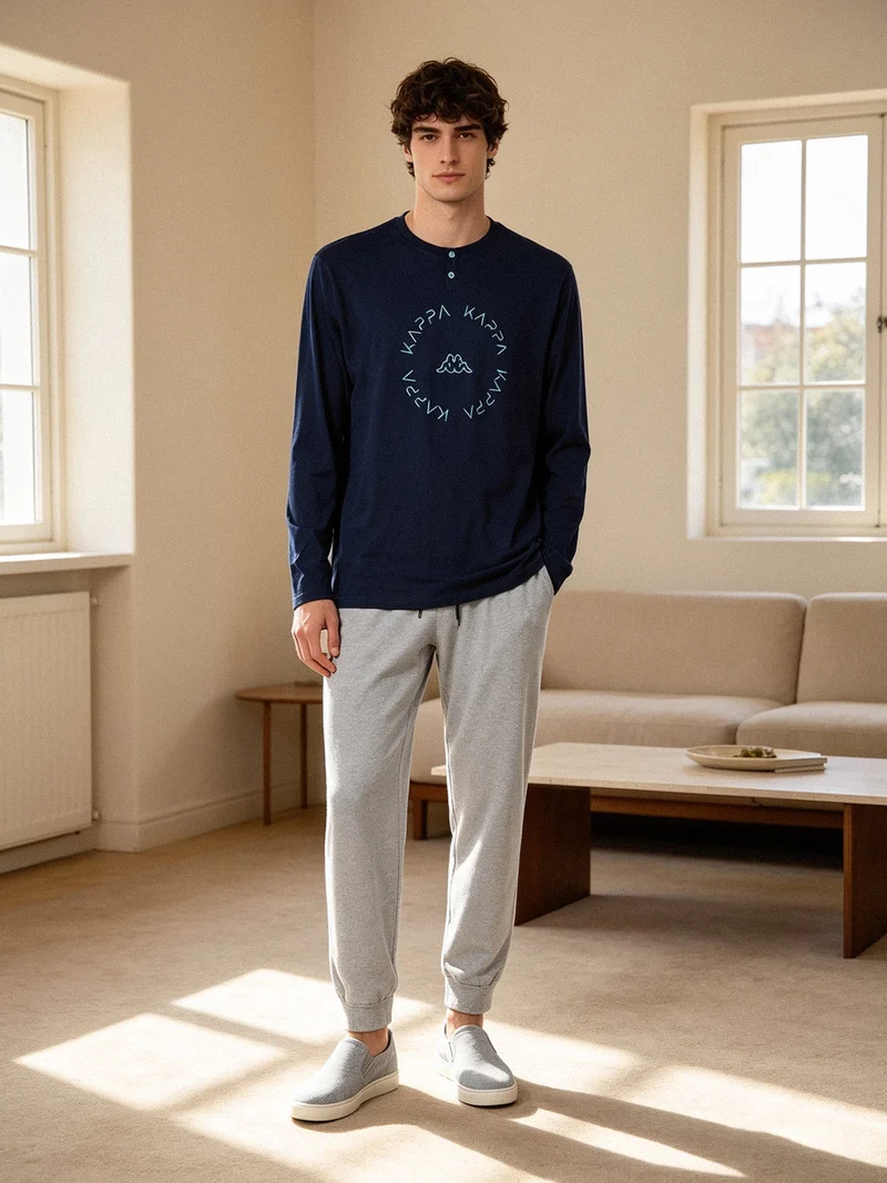 Pigiama lungo da uomo in cotone con logo - blu scuro