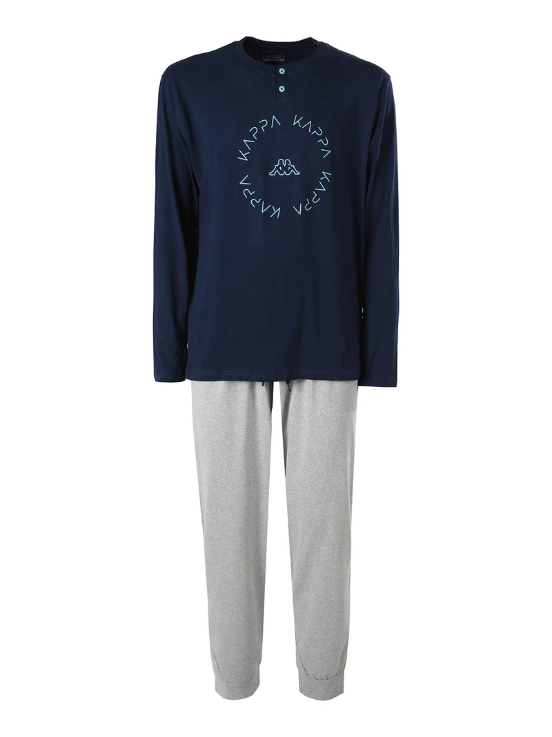 Pigiama lungo da uomo in cotone con logo - blu scuro