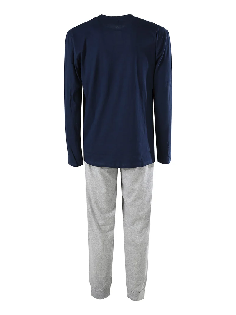 Pigiama lungo da uomo in cotone con logo - blu scuro