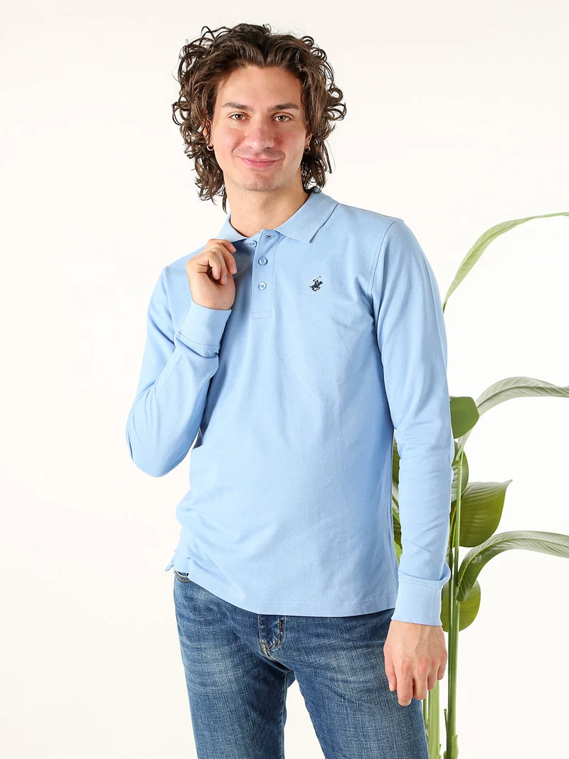 Polo da uomo in cotone con logo a maniche lunghe - azzurro