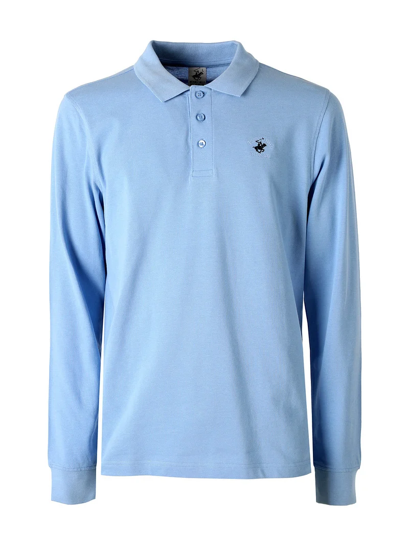 Polo da uomo in cotone con logo a maniche lunghe - azzurro