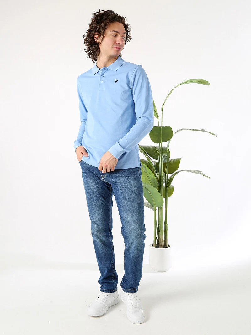 Polo da uomo in cotone con logo a maniche lunghe - azzurro
