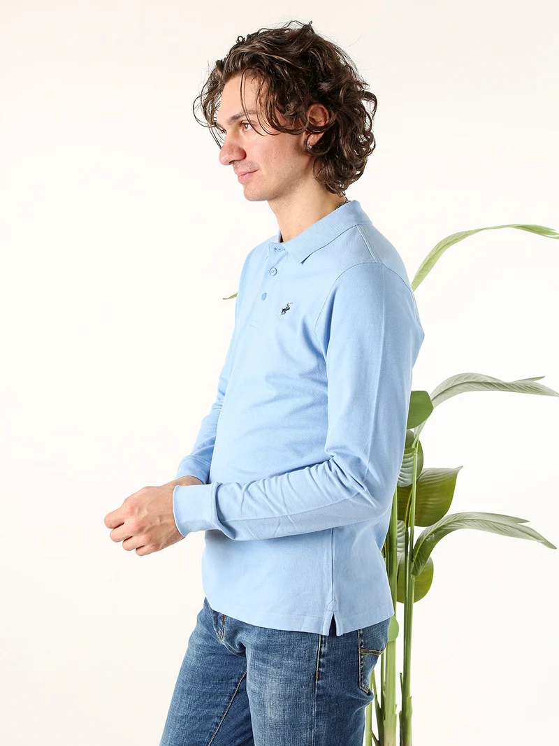 Polo da uomo in cotone con logo a maniche lunghe - azzurro