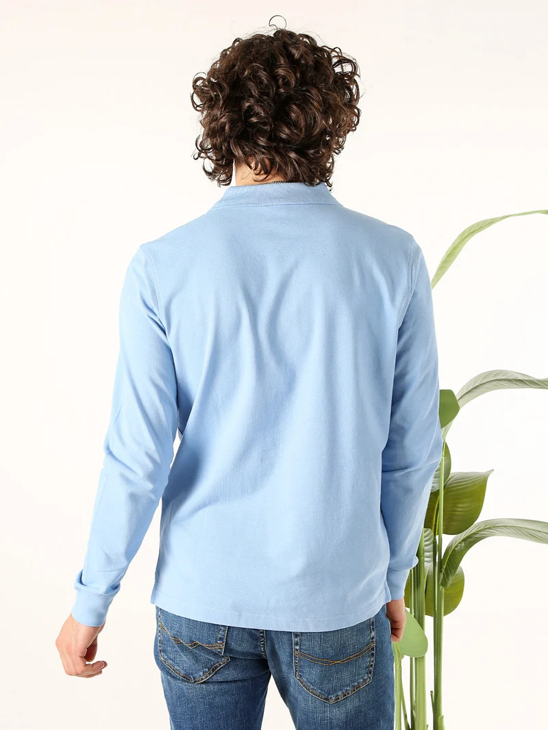 Polo da uomo in cotone con logo a maniche lunghe - azzurro