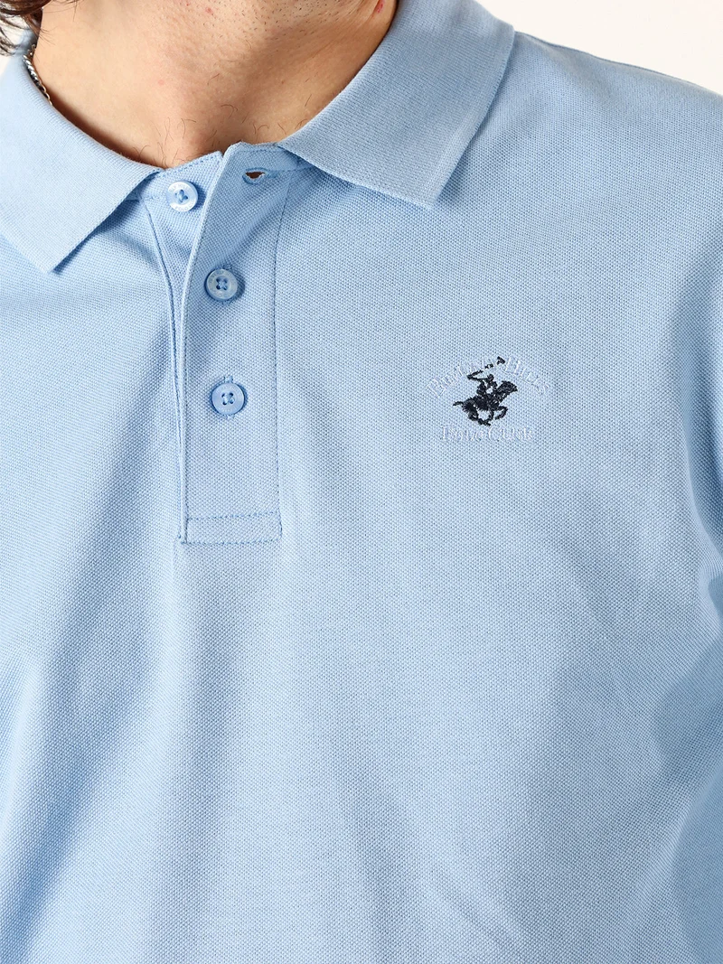 Polo da uomo in cotone con logo a maniche lunghe - azzurro