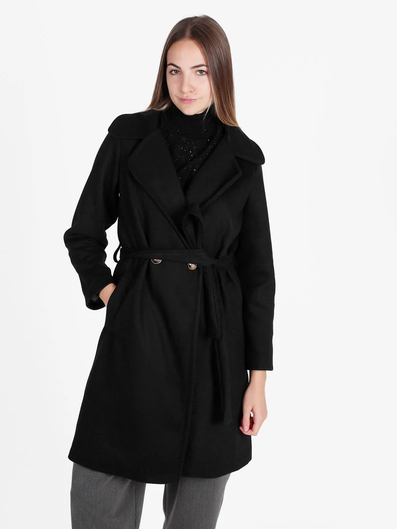 Cappotto donna con cintura e bottoni a doppiopetto - nero