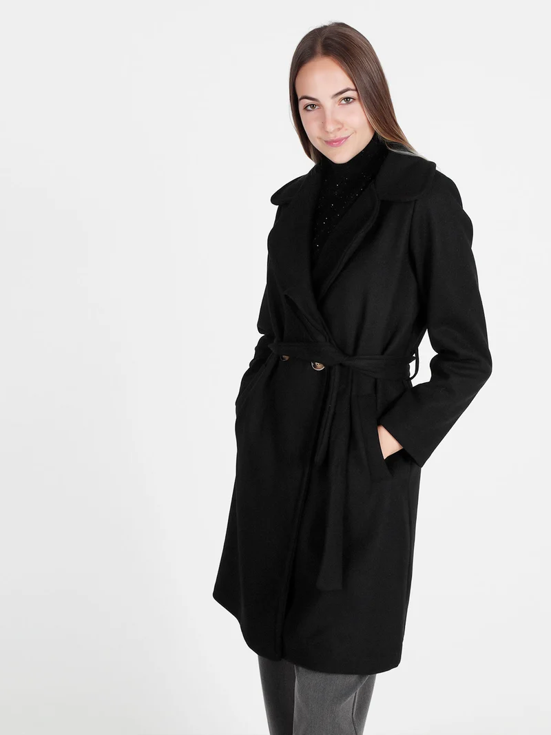 Cappotto donna con cintura e bottoni a doppiopetto - nero