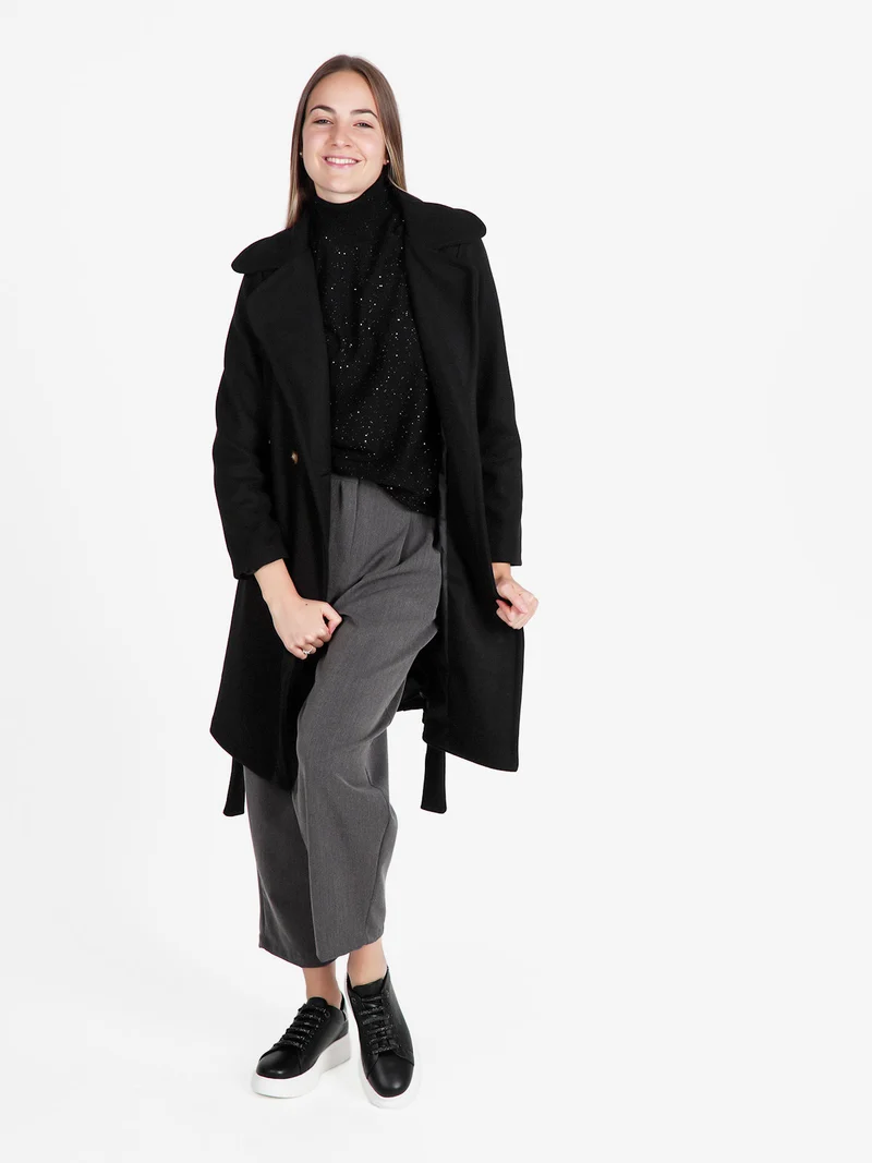 Cappotto donna con cintura e bottoni a doppiopetto - nero