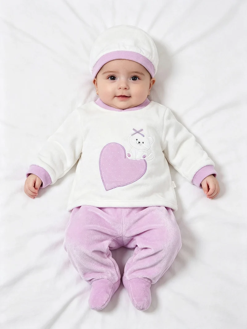 Completo lungo da neonata in ciniglia con accessori - lilla
