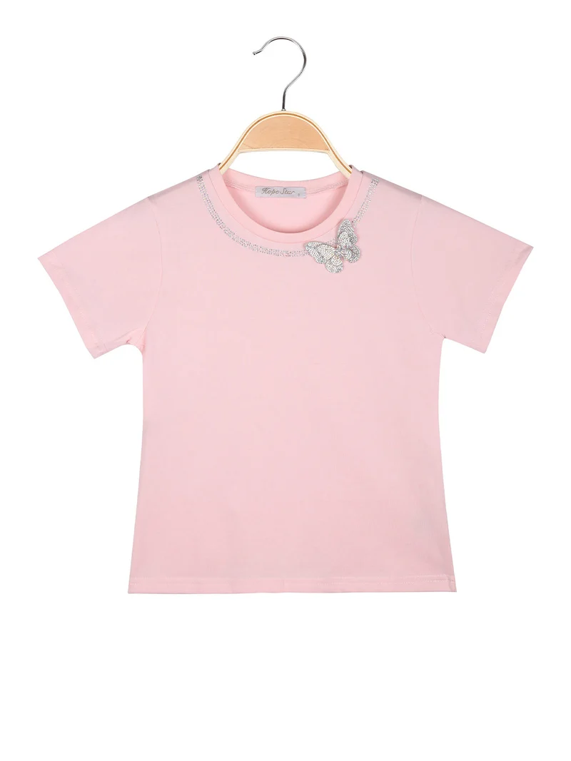 T-shirt da bambina con girocollo di strass e dettaglio farfalla - rosa