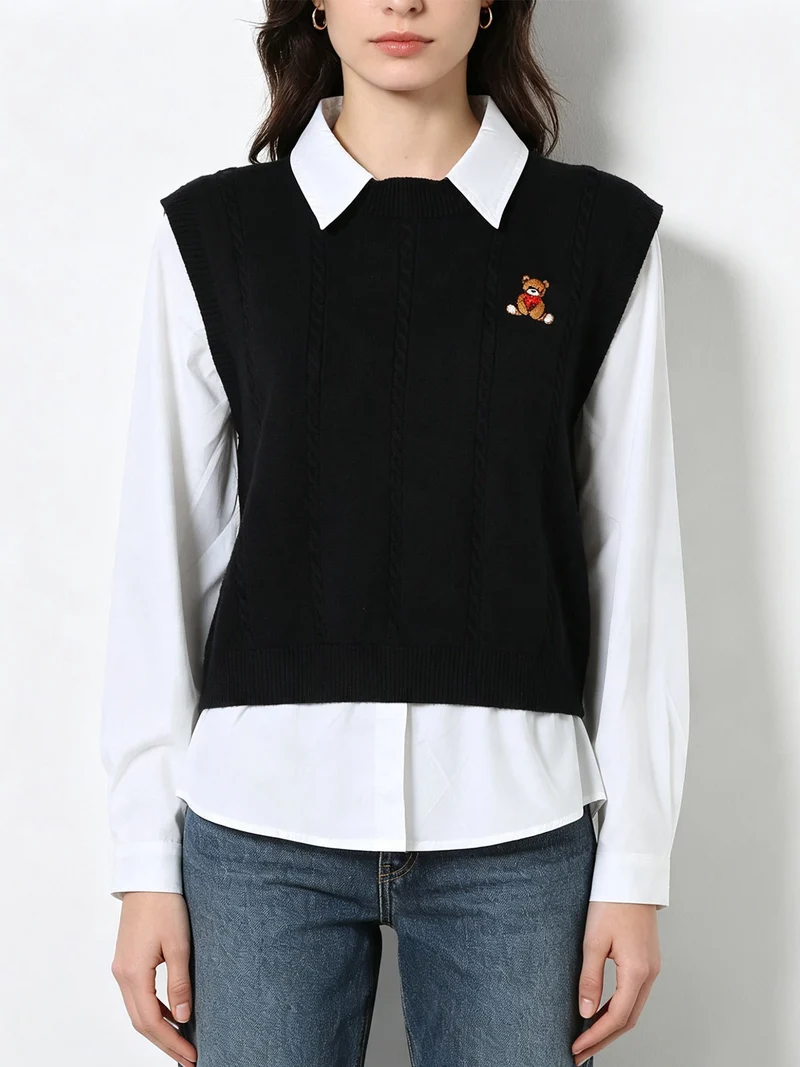 Maglione donna con inserto a camicia - nero