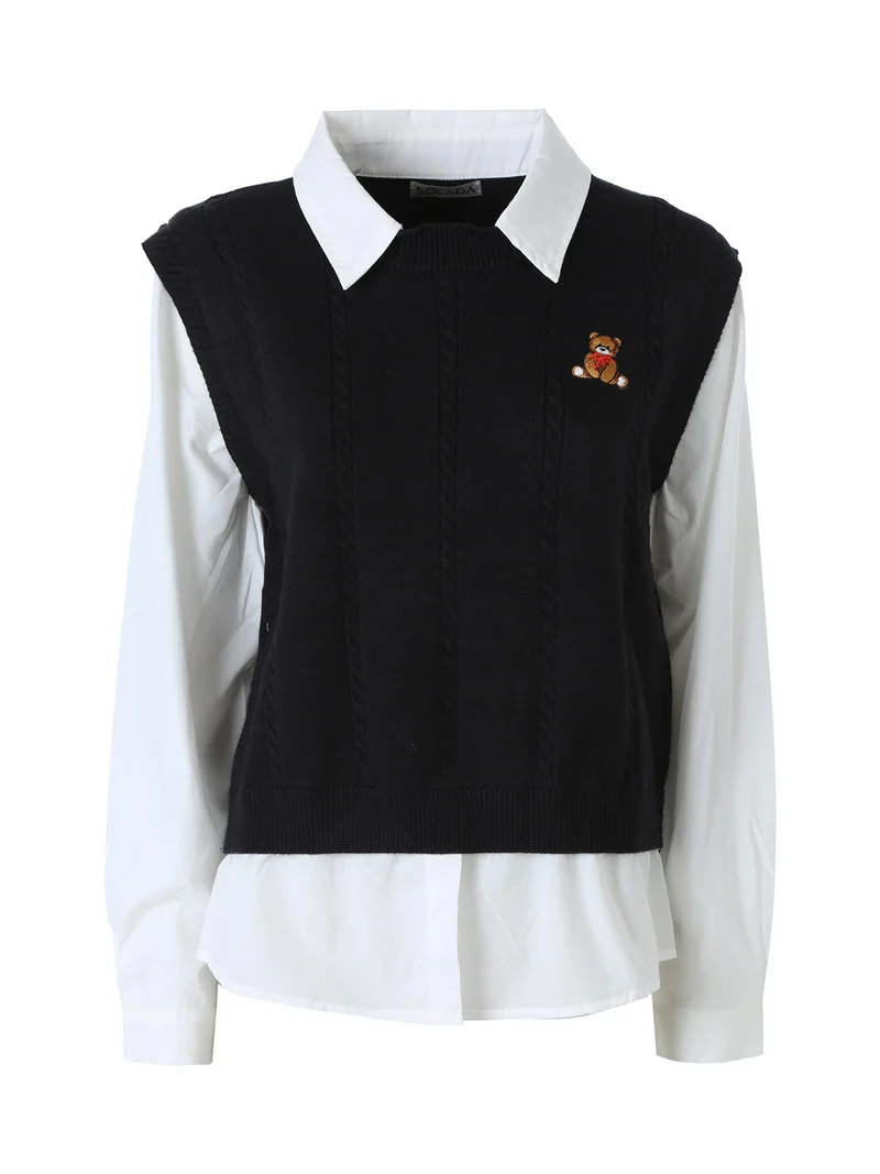 Maglione donna con inserto a camicia - nero