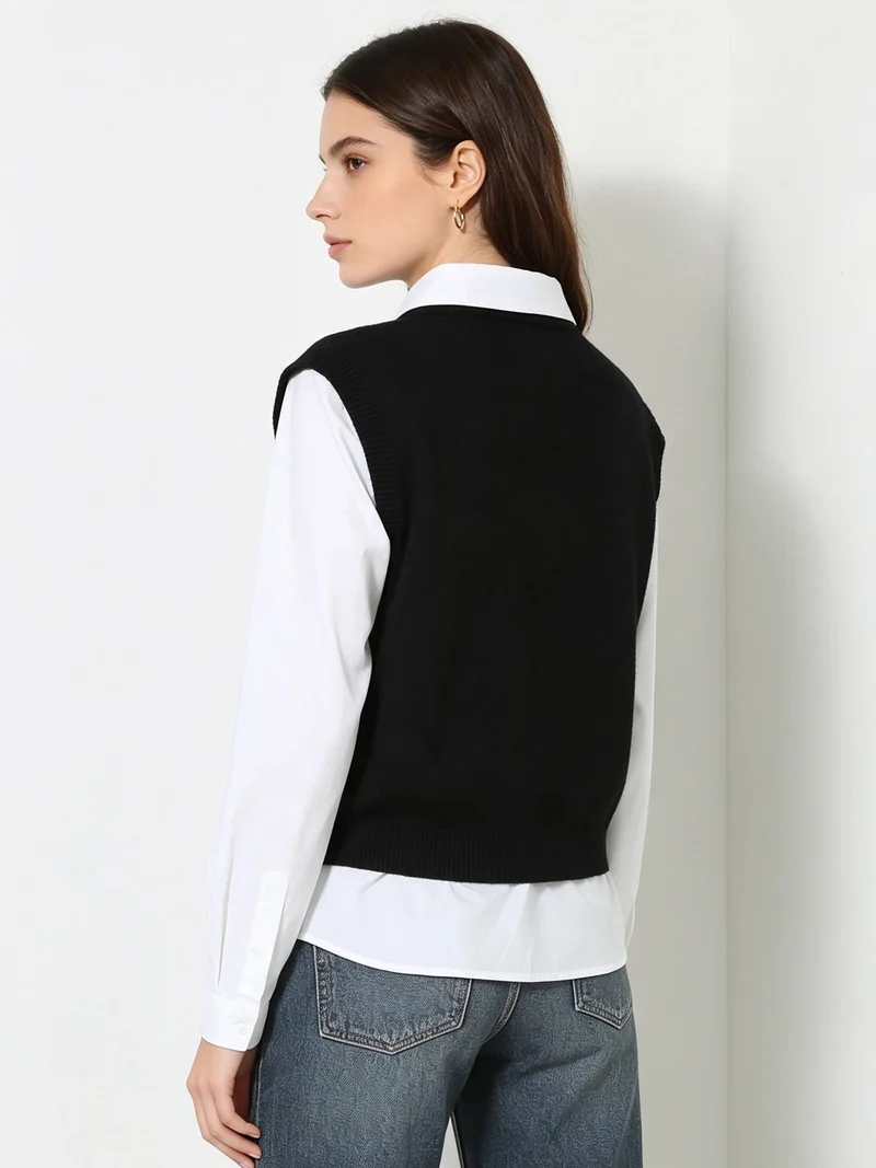 Maglione donna con inserto a camicia - nero