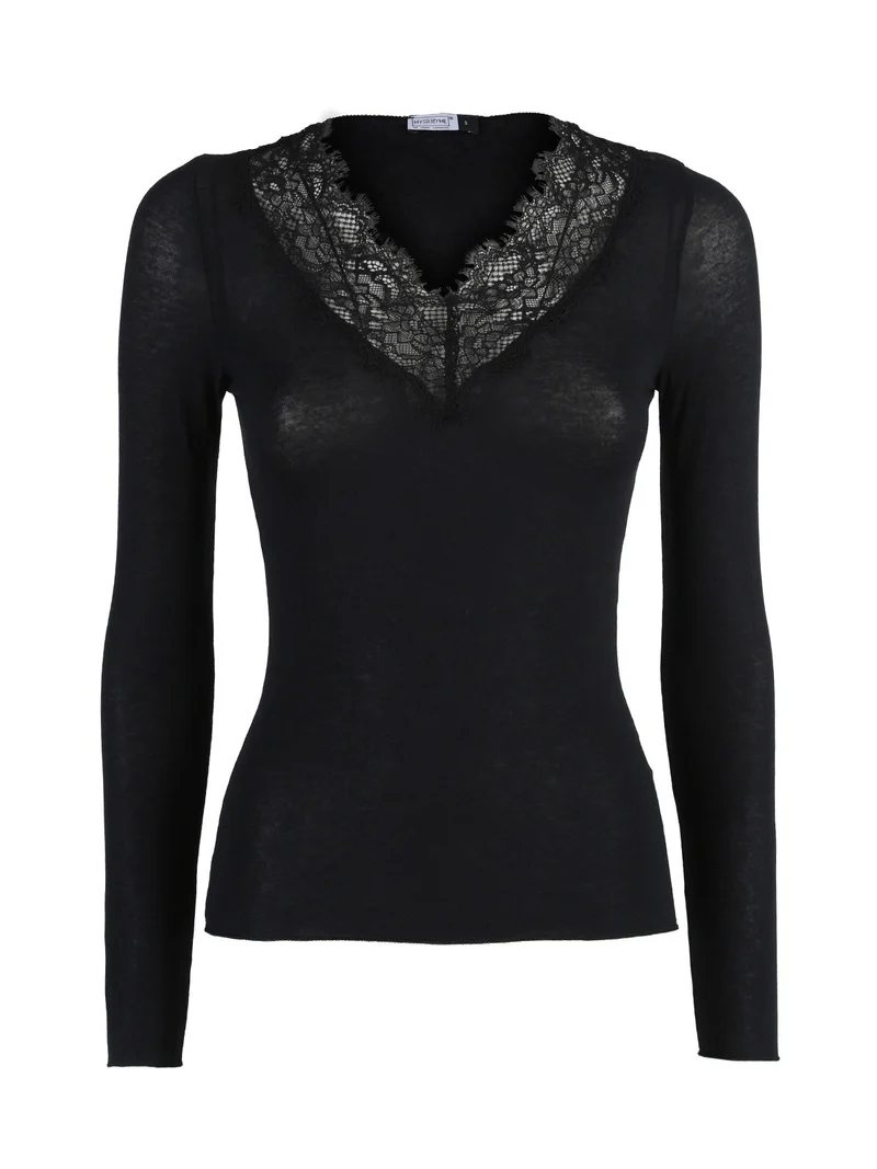 T-shirt donna a maniche lunghe in cashmere con pizzo - nero