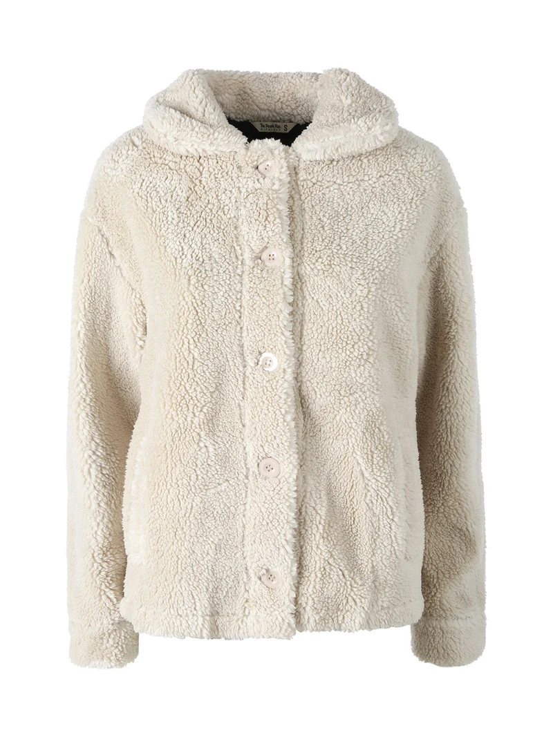 Cappotto corto teddy da donna con bottoni - beige