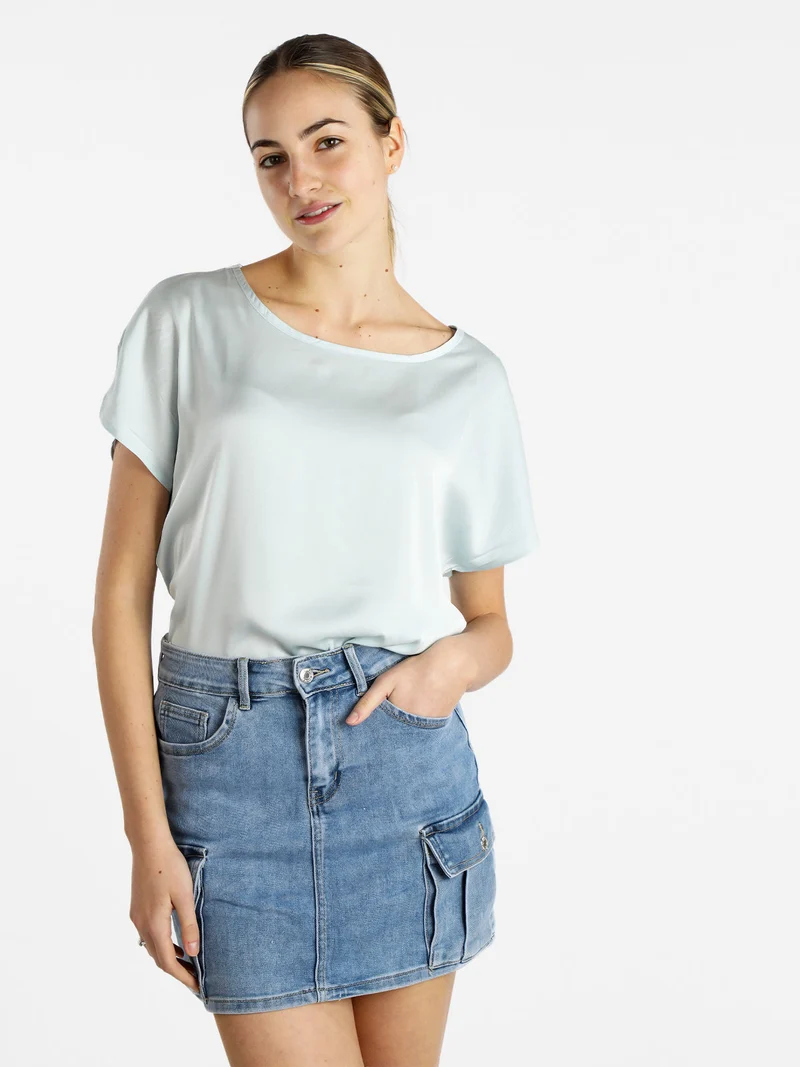 Blusa donna a maniche corte effetto raso - azzurro