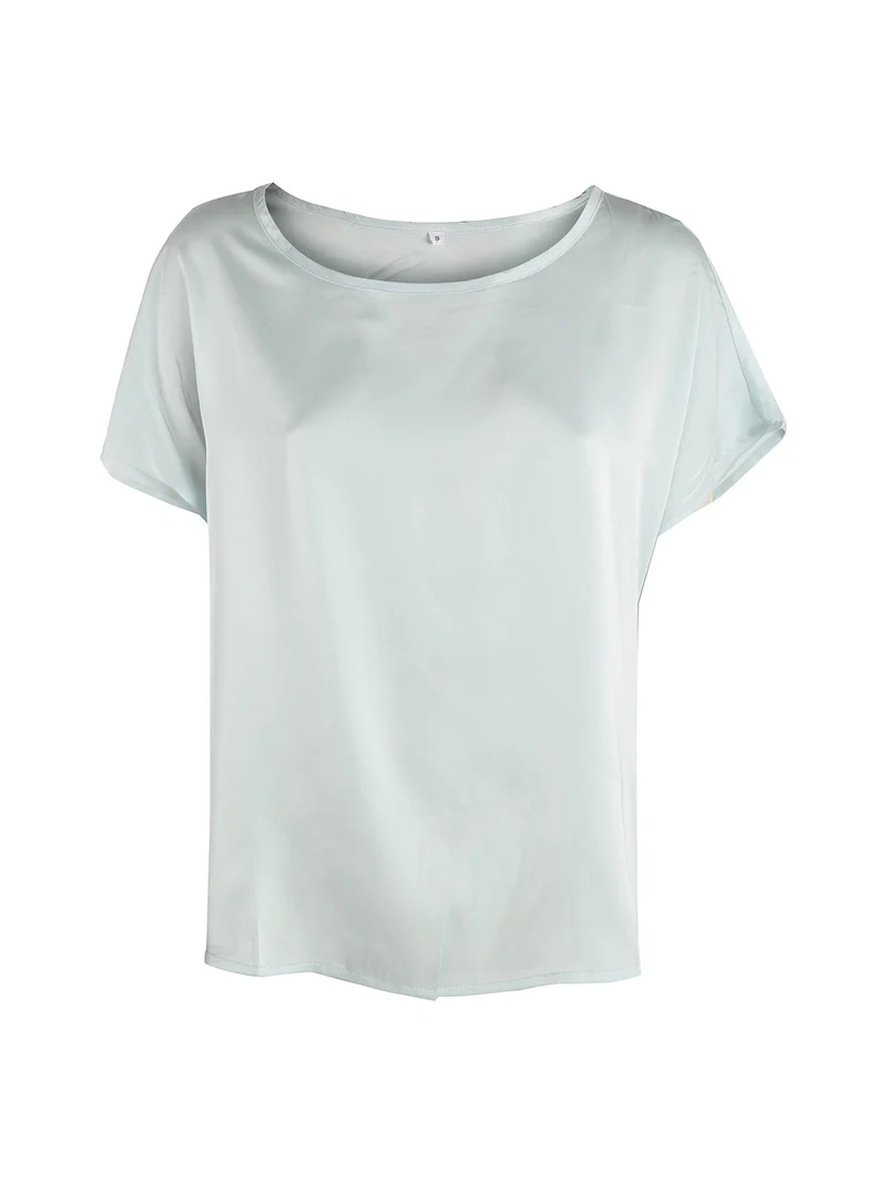 Blusa donna a maniche corte effetto raso - azzurro