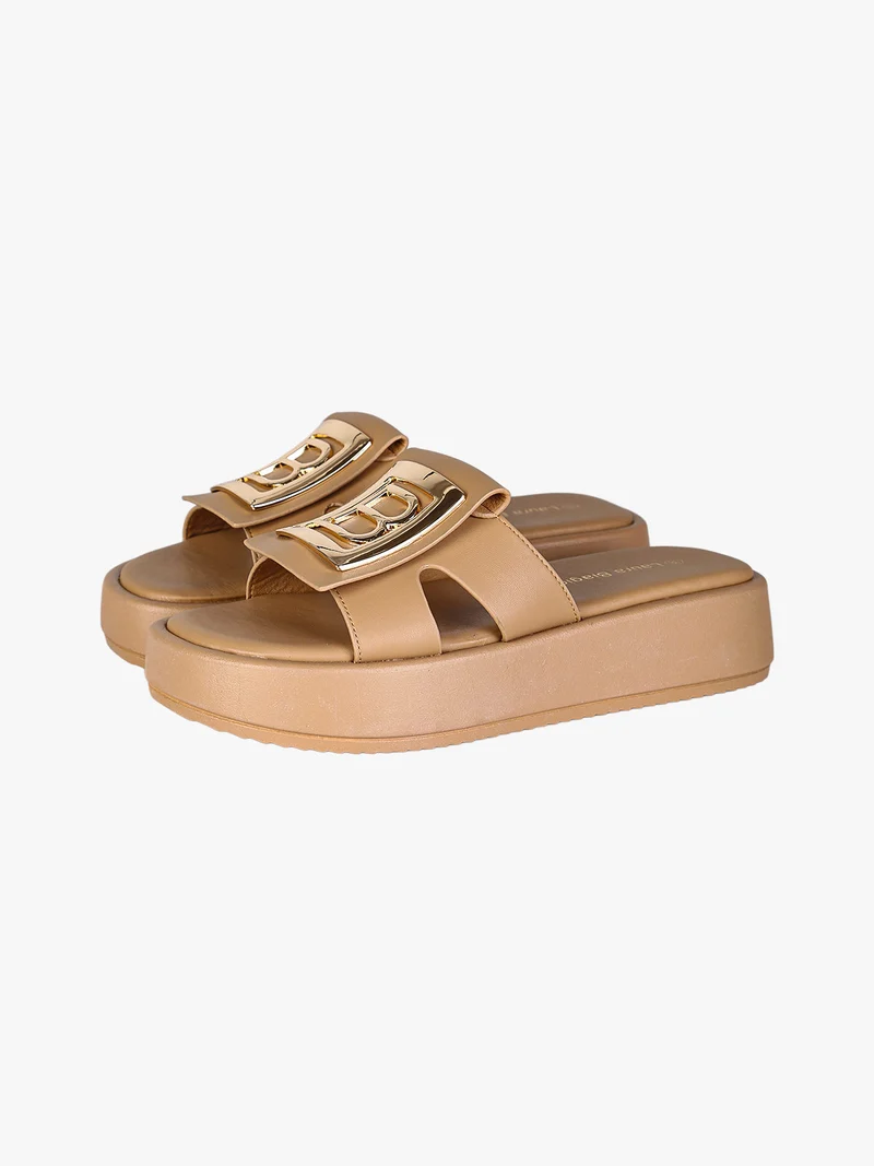 Ciabatte donna con platform e logo dorato - marrone
