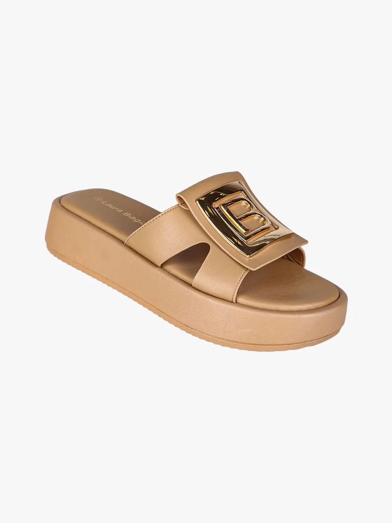 Ciabatte donna con platform e logo dorato - marrone