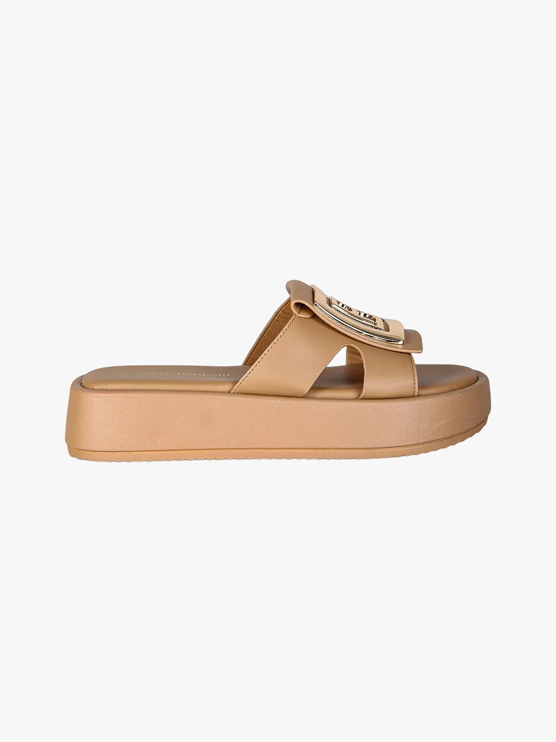 Ciabatte donna con platform e logo dorato - marrone