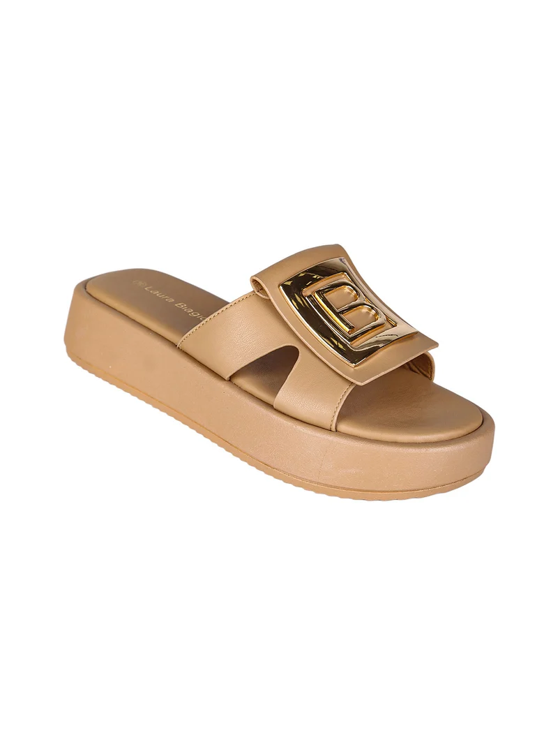 Ciabatte donna con platform e logo dorato - marrone