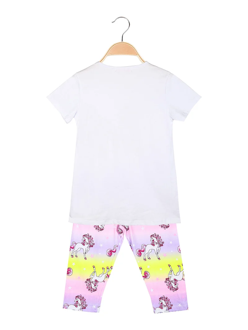 Completo da bambina unicorno con t-shirt e pinocchietti - bianco