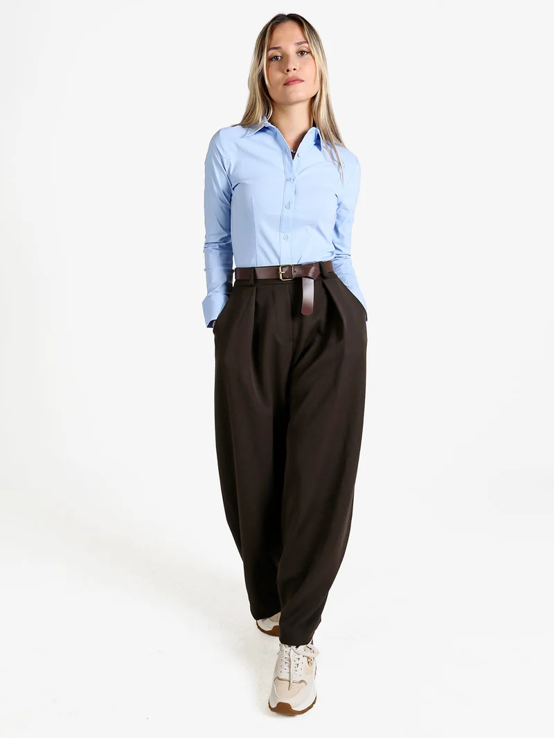 Pantaloni donna casual a palloncino con cintura - moro