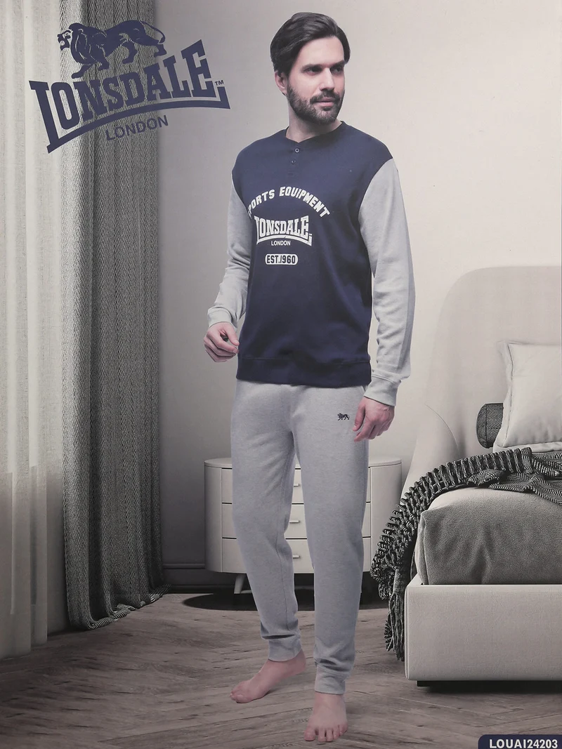 Pigiama lungo da uomo in cotone interlock - blu scuro