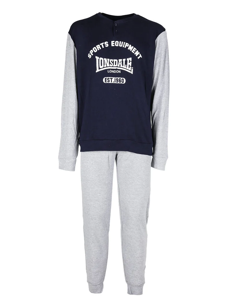 Pigiama lungo da uomo in cotone interlock - blu scuro
