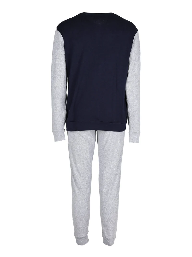 Pigiama lungo da uomo in cotone interlock - blu scuro