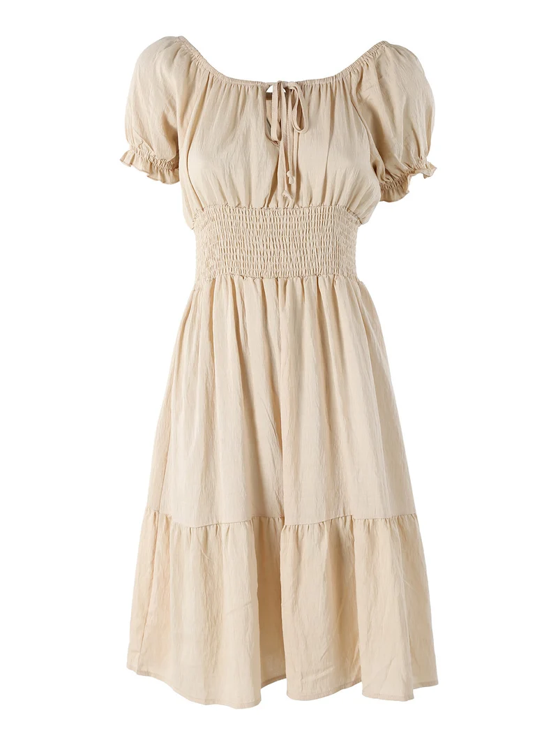 Vestito donna in viscosa con scollo a barca e maniche corte - beige