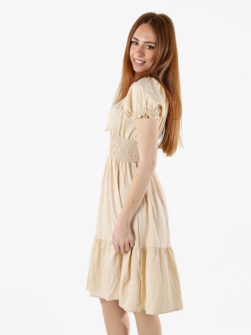 Vestito donna in viscosa con scollo a barca e maniche corte - beige