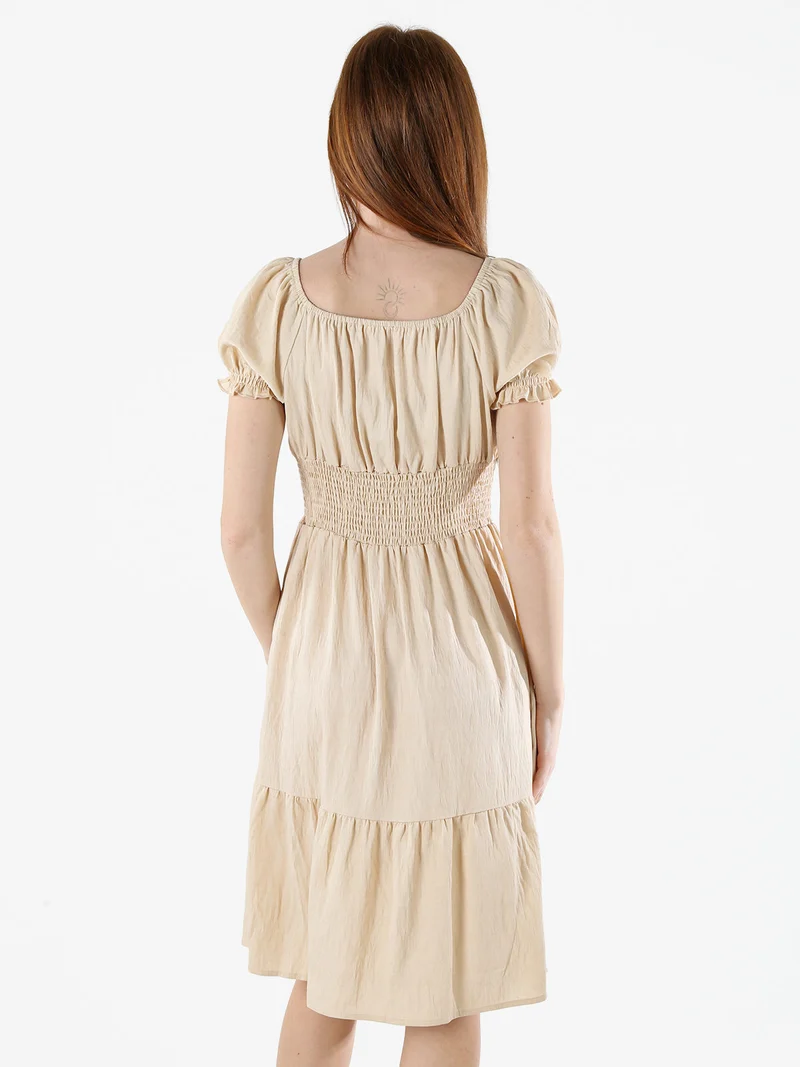 Vestito donna in viscosa con scollo a barca e maniche corte - beige