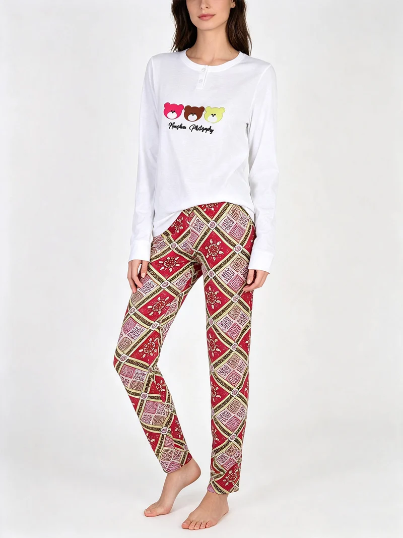 Pigiama lungo da donna in cotone con stampe - bianco