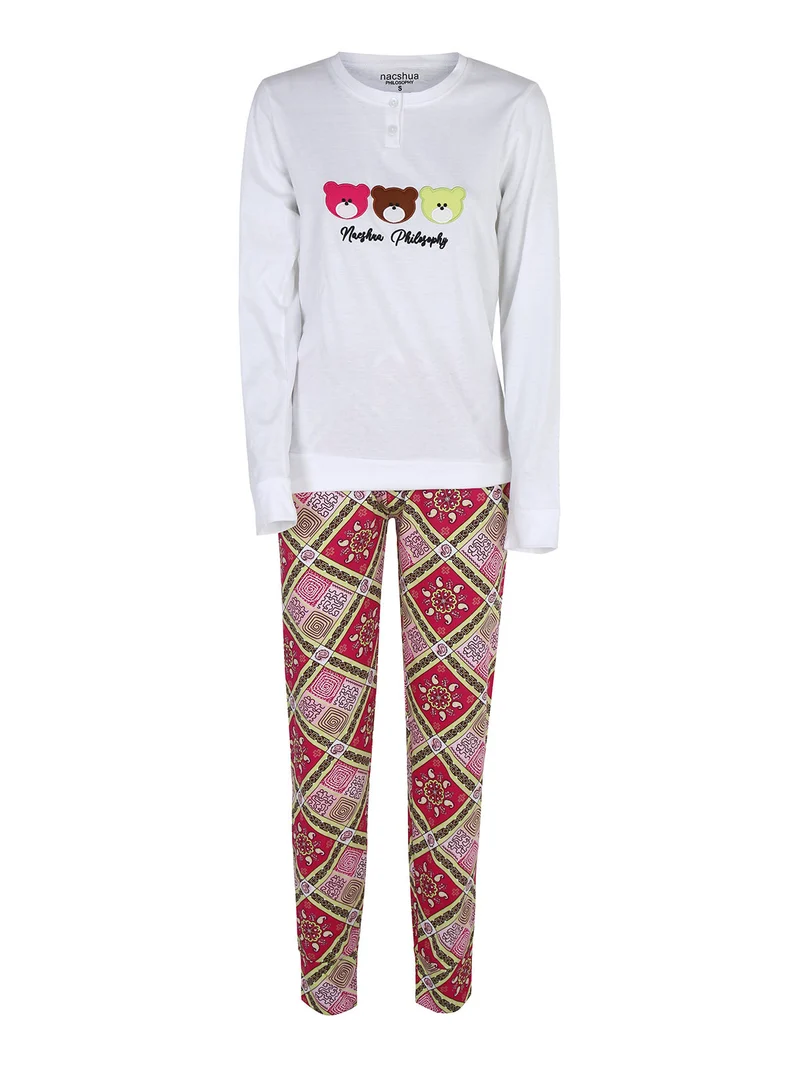 Pigiama lungo da donna in cotone con stampe - bianco