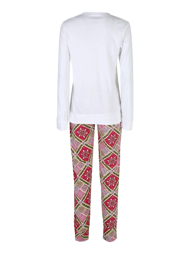 Pigiama lungo da donna in cotone con stampe - bianco