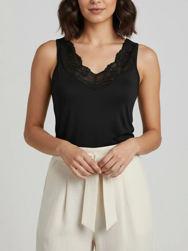 Top donna a spalla larga con scollo di pizzo - nero