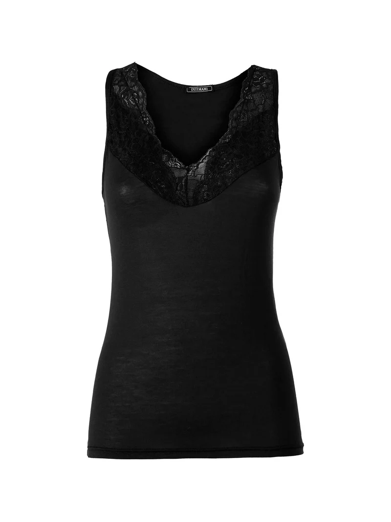 Top donna a spalla larga con scollo di pizzo - nero