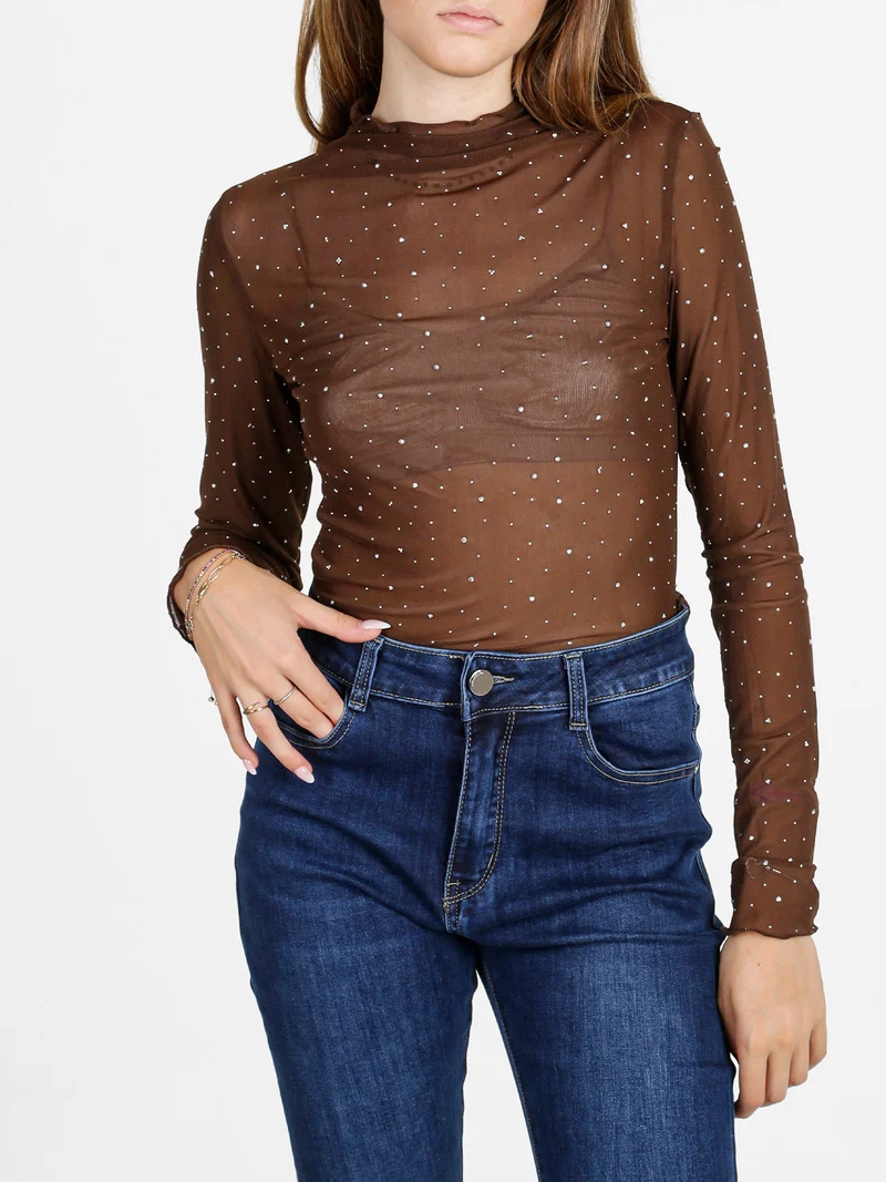 Maglia donna a lupetto in microrete con borchie - moro