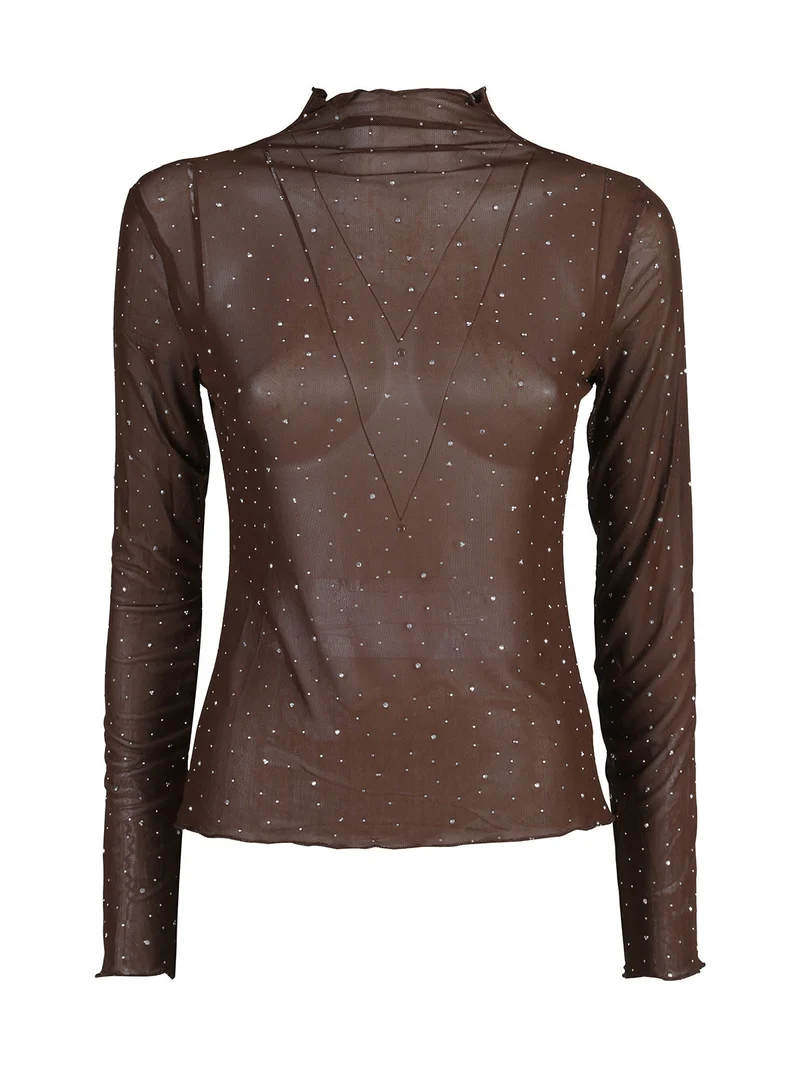 Maglia donna a lupetto in microrete con borchie - moro