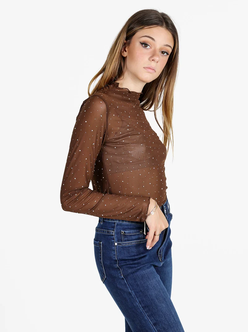 Maglia donna a lupetto in microrete con borchie - moro