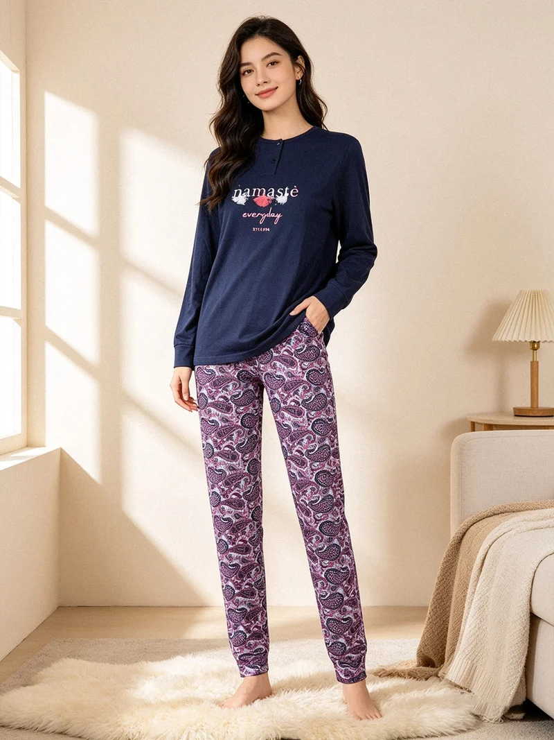 Pigiama lungo da donna in cotone - blu scuro