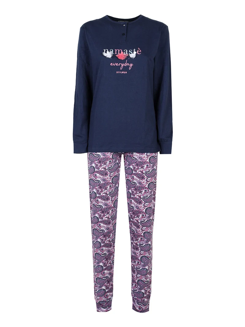 Pigiama lungo da donna in cotone - blu scuro