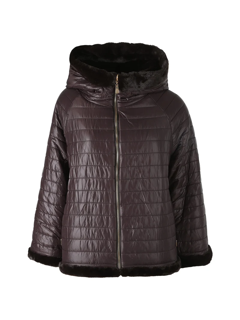 Giacca donna oversize in ecopelliccia reversibile - moro