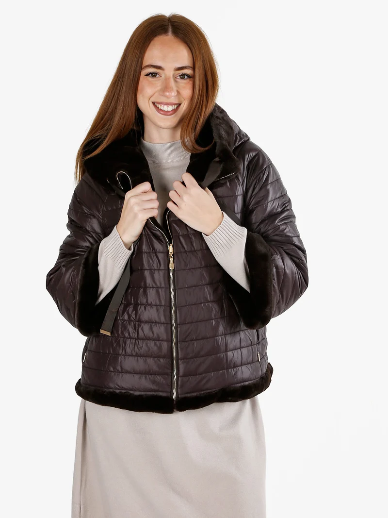 Giacca donna oversize in ecopelliccia reversibile - moro