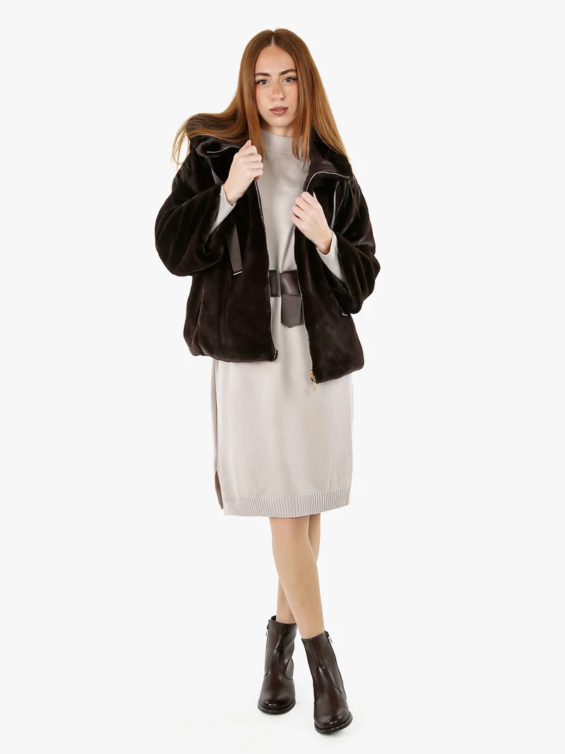 Giacca donna oversize in ecopelliccia reversibile - moro