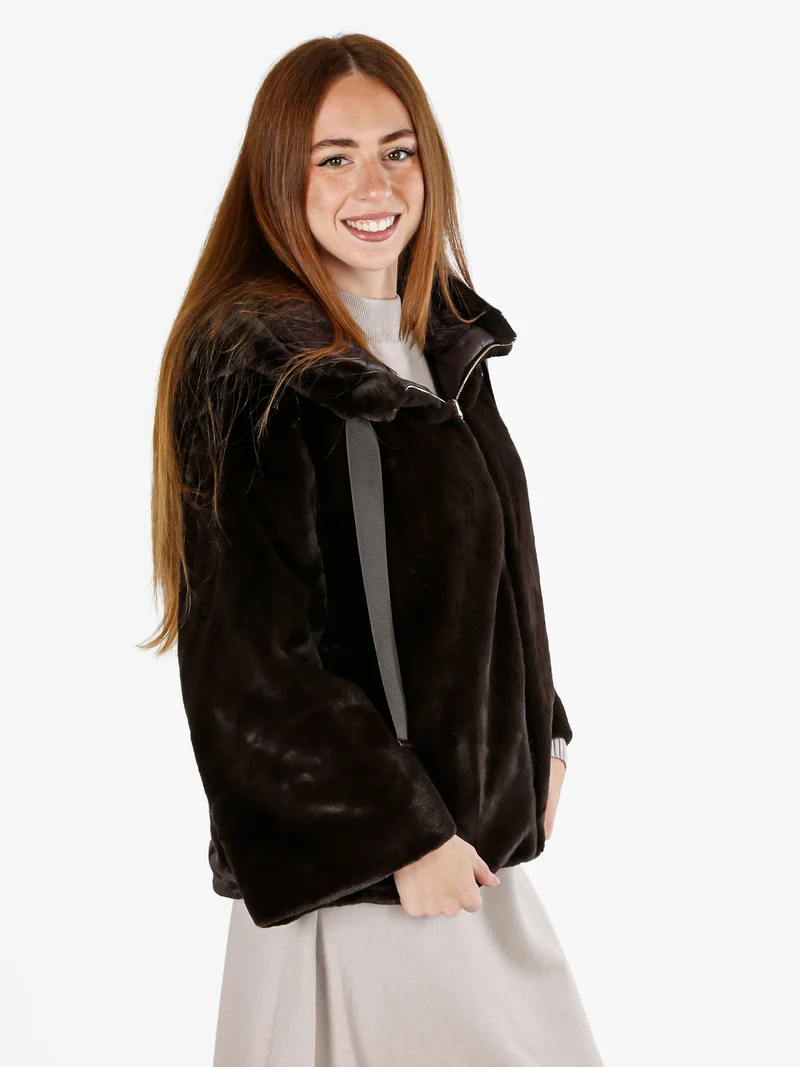 Giacca donna oversize in ecopelliccia reversibile - moro
