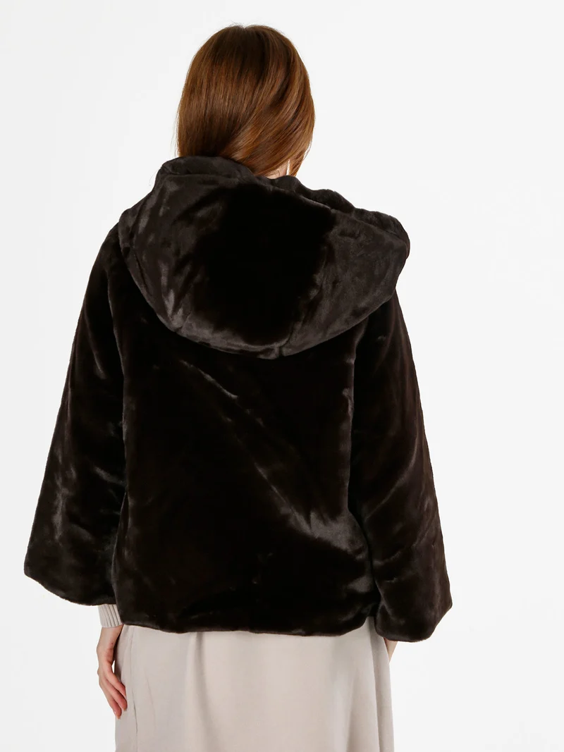Giacca donna oversize in ecopelliccia reversibile - moro