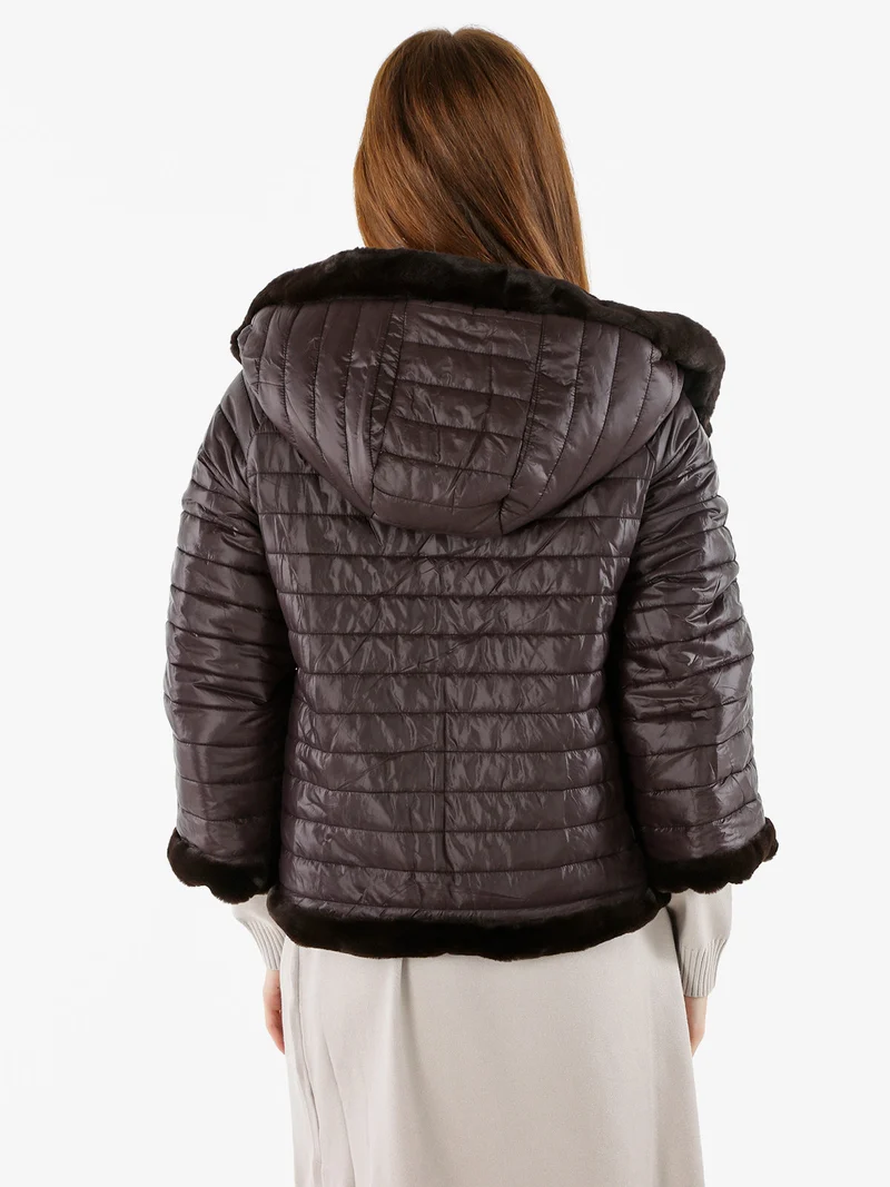 Giacca donna oversize in ecopelliccia reversibile - moro